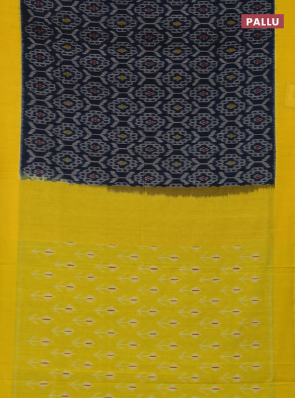 Ikat cotton saree peacock blue and yellow with allover ikat weaves and simple border