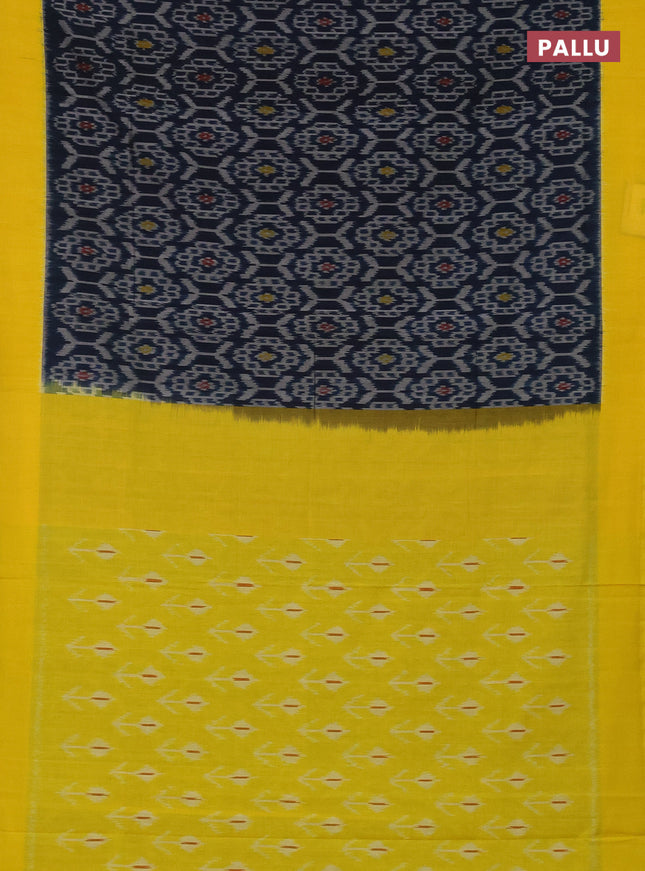 Ikat cotton saree peacock blue and yellow with allover ikat weaves and simple border