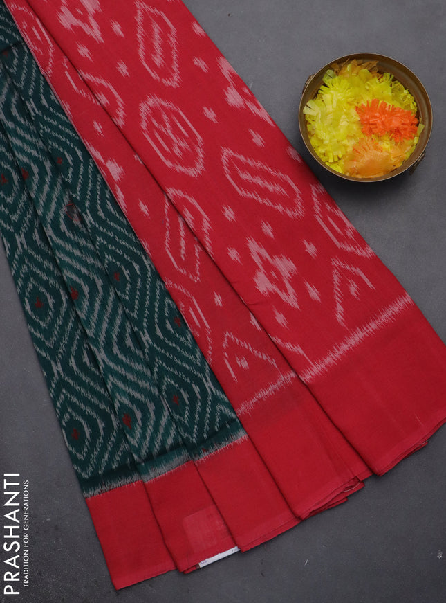 Ikat cotton saree peacock green and pink with allover ikat weaves and simple border