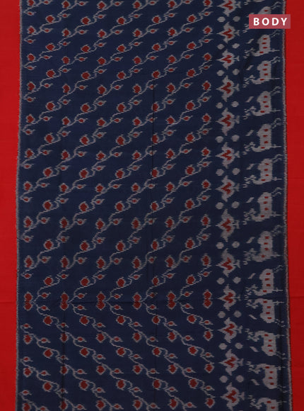 Ikat cotton saree peacock blue and red with allover ikat weaves and simple border