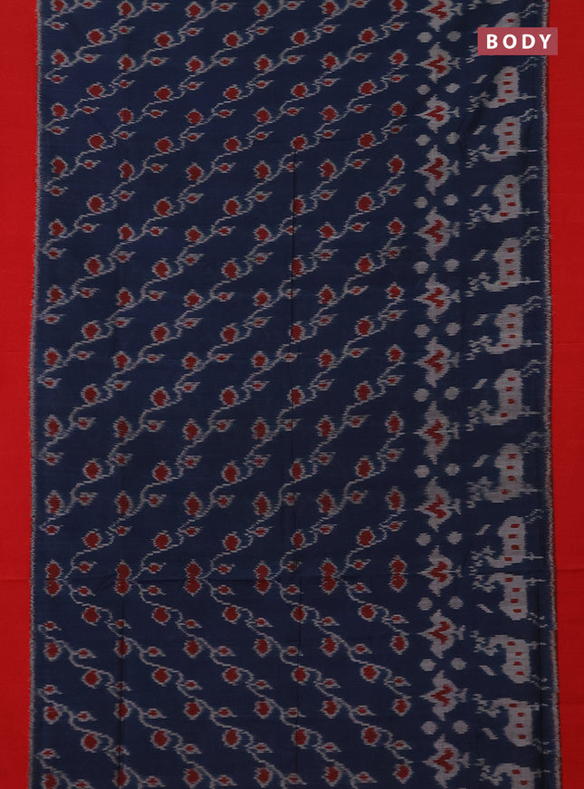 Ikat cotton saree peacock blue and red with allover ikat weaves and simple border
