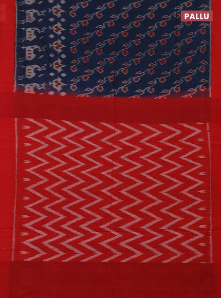 Ikat cotton saree peacock blue and red with allover ikat weaves and simple border