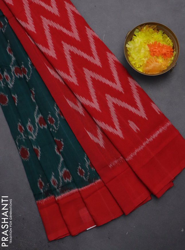 Ikat cotton saree peacock green and red with allover ikat weaves and simple border