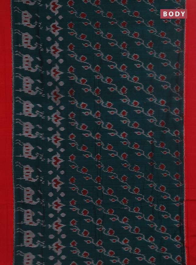 Ikat cotton saree peacock green and red with allover ikat weaves and simple border