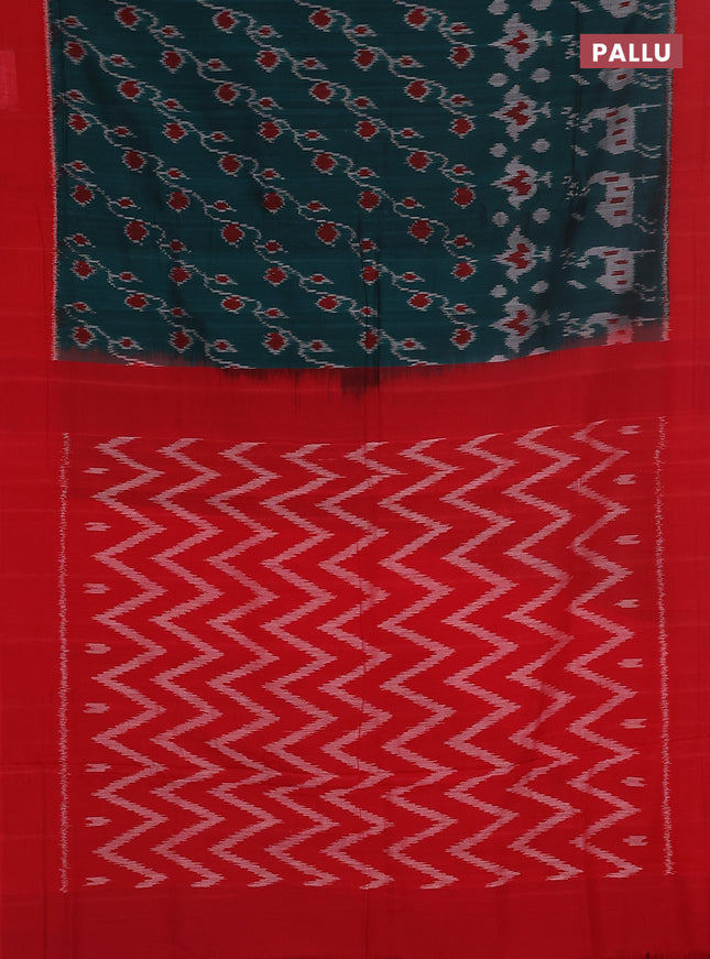 Ikat cotton saree peacock green and red with allover ikat weaves and simple border