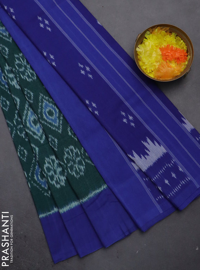 Ikat cotton saree green and blue with allover ikat weaves and simple border