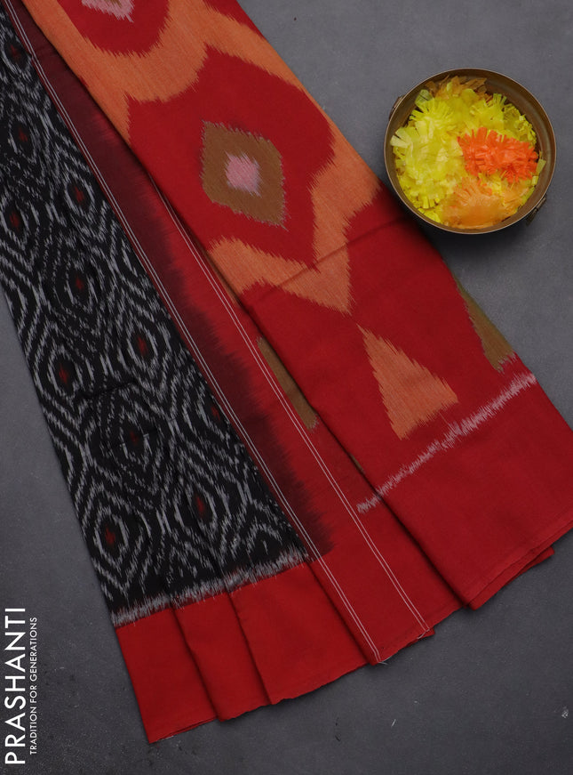 Ikat cotton saree black and red with allover ikat weaves and simple border