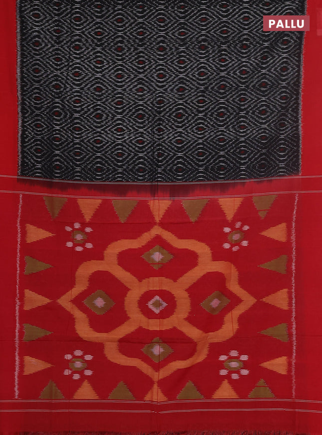 Ikat cotton saree black and red with allover ikat weaves and simple border