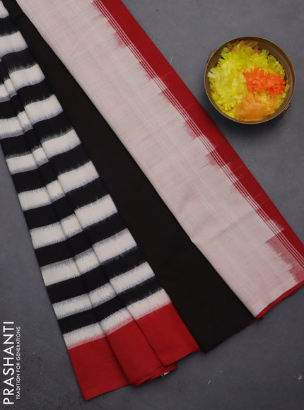 Ikat cotton saree off white black and red with stripes pattern and simple border