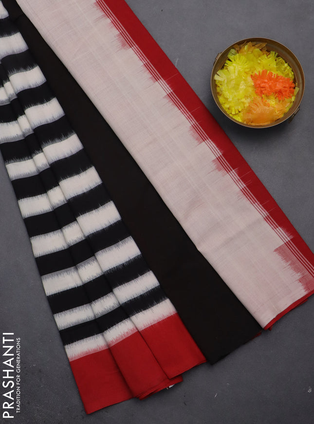 Ikat cotton saree off white black and red with stripes pattern and simple border