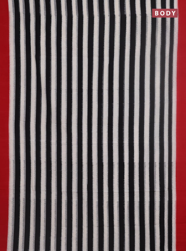 Ikat cotton saree off white black and red with stripes pattern and simple border