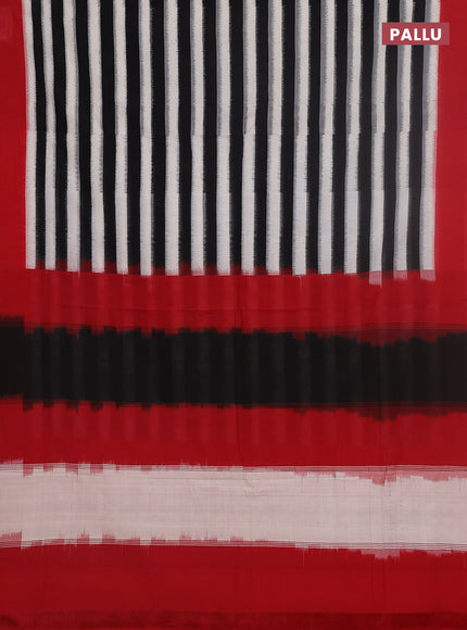 Ikat cotton saree off white black and red with stripes pattern and simple border