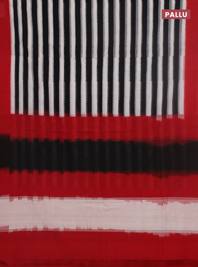 Ikat cotton saree off white black and red with stripes pattern and simple border