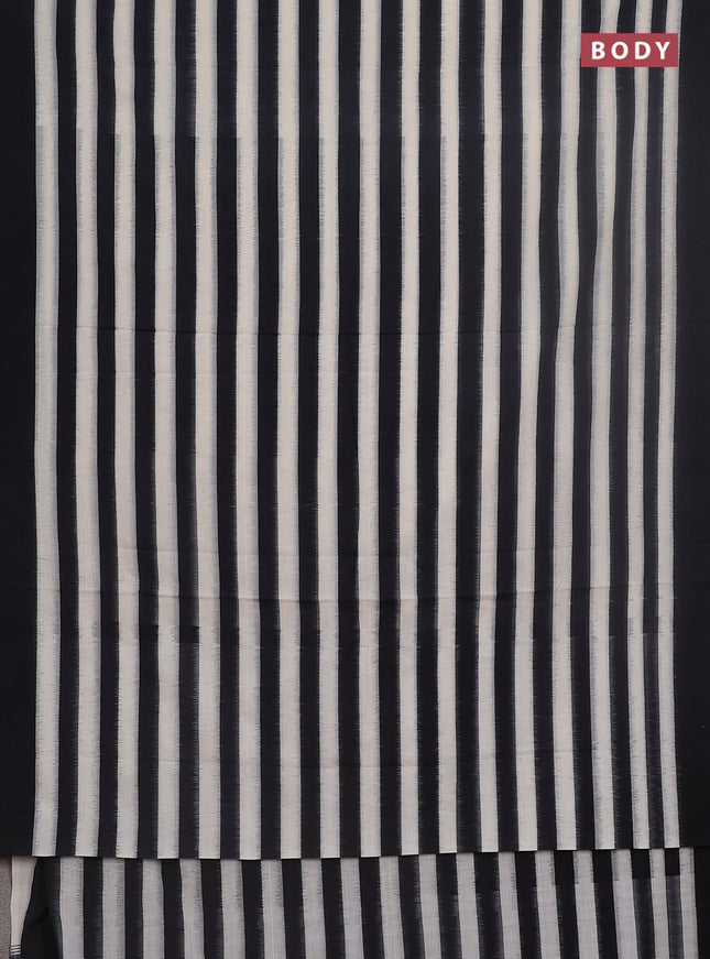 Ikat cotton saree off white. and black with stripes pattern and simple border