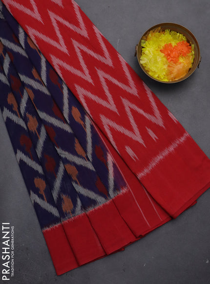 Ikat cotton saree dark blue and red with allover zig zag ikat weaves and simple border