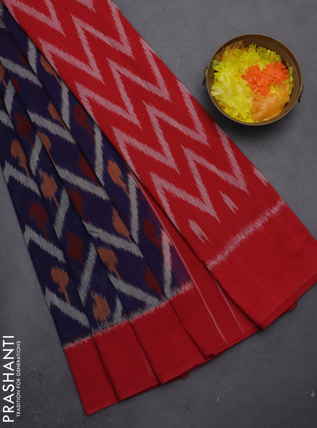 Ikat cotton saree dark blue and red with allover zig zag ikat weaves and simple border