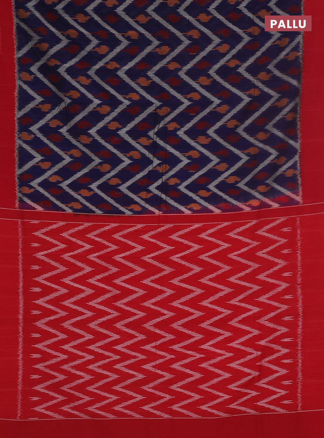 Ikat cotton saree dark blue and red with allover zig zag ikat weaves and simple border