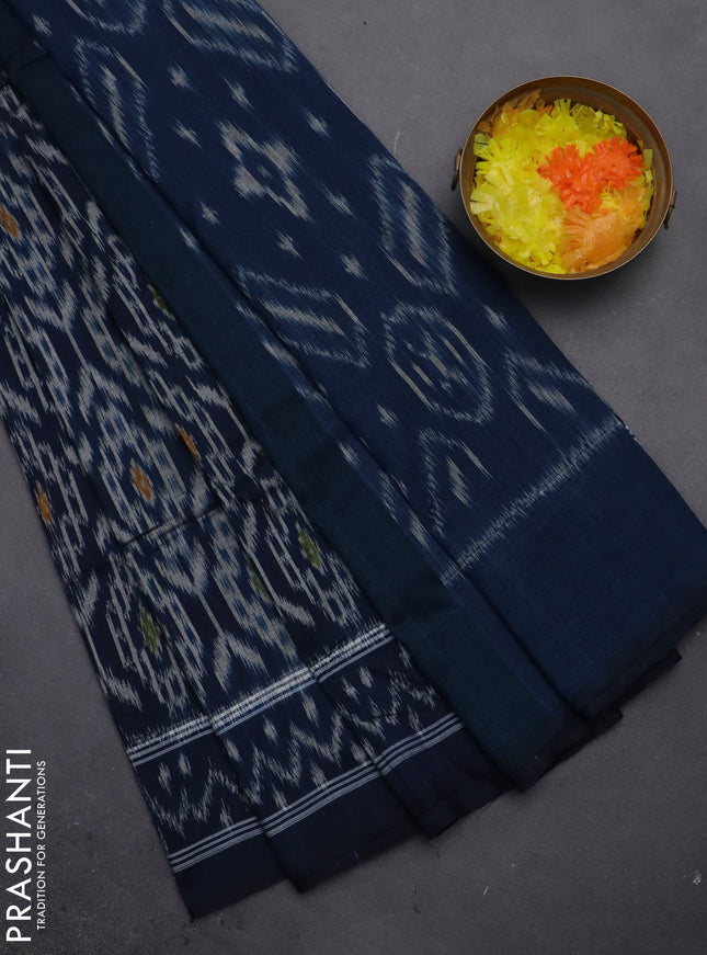 Ikat cotton saree peacock blue with allover ikat weaves and ikat style border