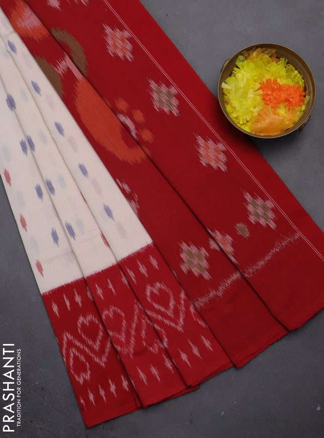 Ikat cotton saree cream and red with allover ikat butta weaves and long ikat style border