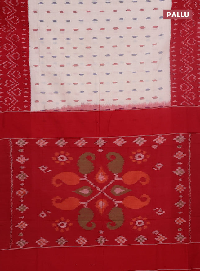 Ikat cotton saree cream and red with allover ikat butta weaves and long ikat style border