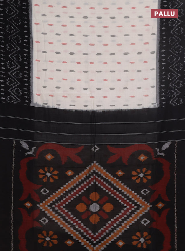 Ikat cotton saree off white and black with allover ikat butta weaves and long ikat style border
