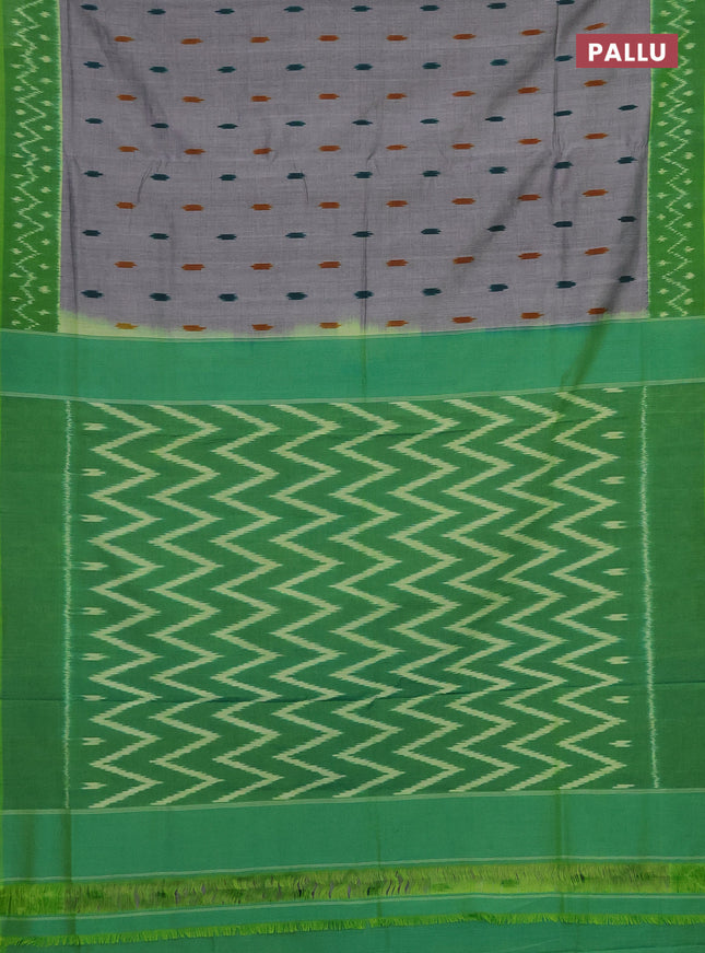 Ikat cotton saree grey and green with allover ikat butta weaves and ikat style border