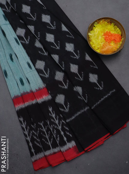 Ikat cotton saree green and black red with allover ikat butta weaves and long ikat style border