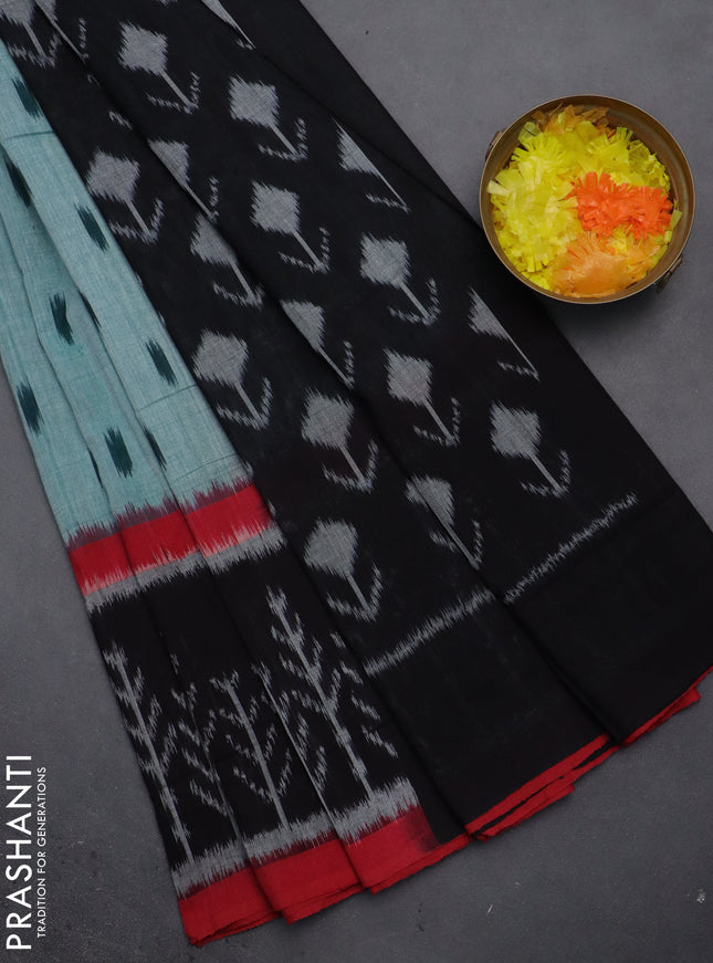 Ikat cotton saree green and black red with allover ikat butta weaves and long ikat style border
