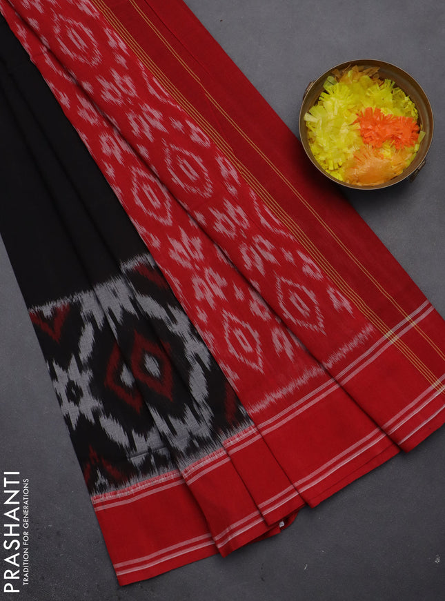 Ikat cotton saree black and red with plain body and rettapet zari woven border