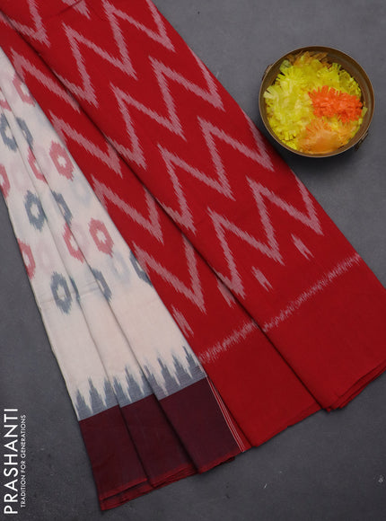 Ikat cotton saree cream and red with allover ikat butta weaves and temple design simple border