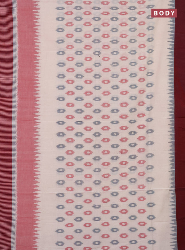 Ikat cotton saree cream and red with allover ikat butta weaves and temple design simple border