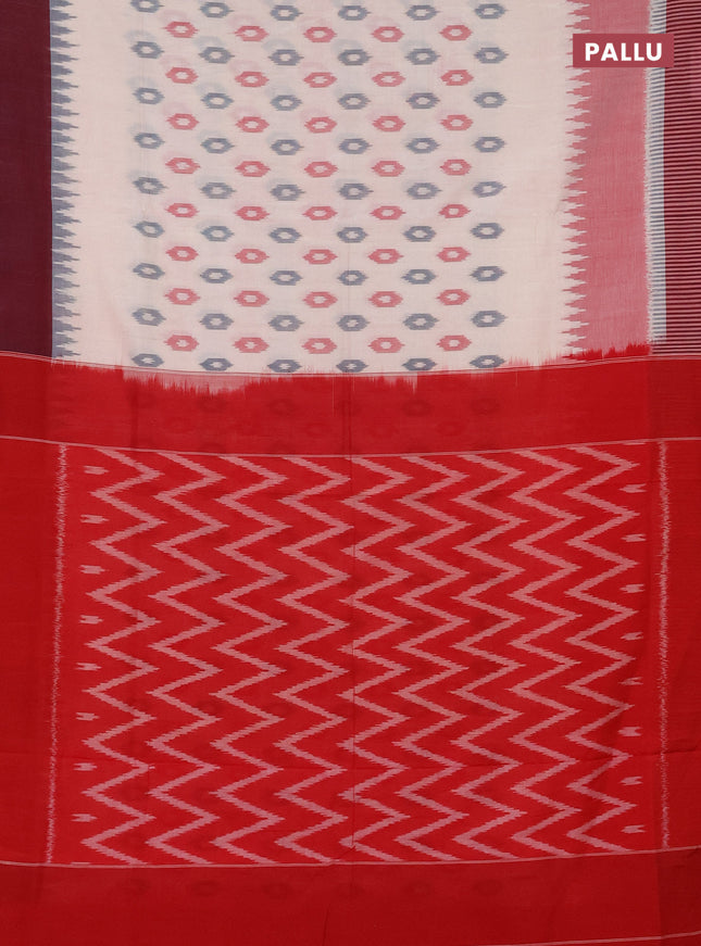 Ikat cotton saree cream and red with allover ikat butta weaves and temple design simple border