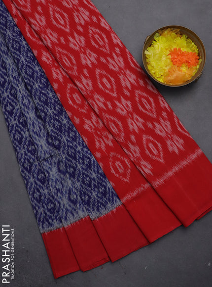 Ikat cotton saree blue and red with allover ikat weaves and long ikat style border