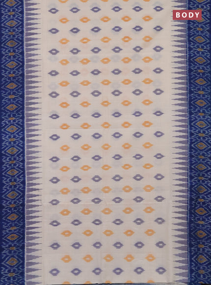 Ikat cotton saree off white and blue with allover ikat butta weaves and temple design ikat style border
