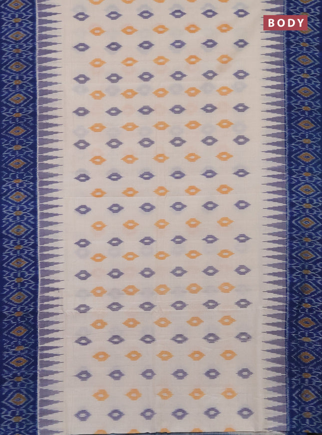 Ikat cotton saree off white and blue with allover ikat butta weaves and temple design ikat style border