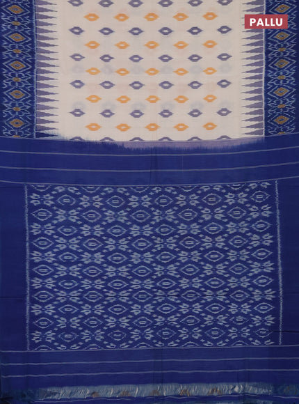 Ikat cotton saree off white and blue with allover ikat butta weaves and temple design ikat style border