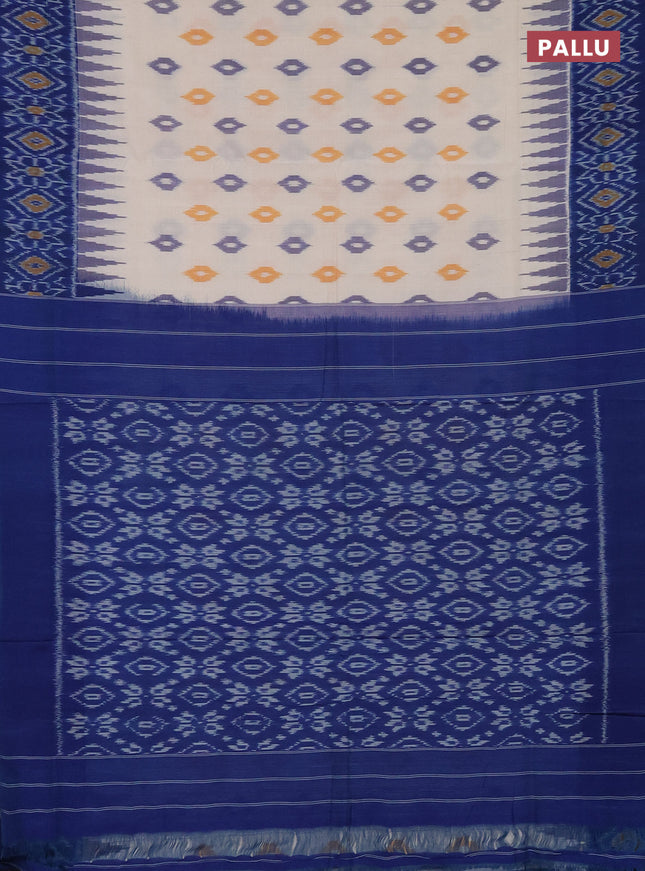 Ikat cotton saree off white and blue with allover ikat butta weaves and temple design ikat style border