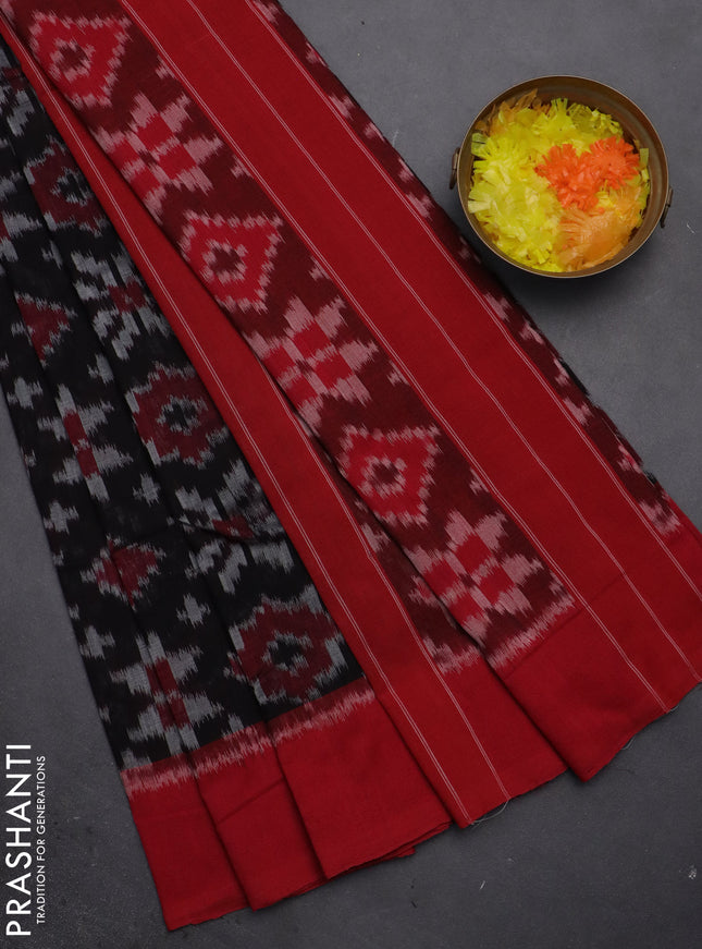 Ikat cotton saree black and red with allover ikat weaves and simple border