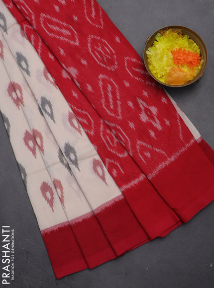 Ikat cotton saree cream and red with allover ikat butta weaves and long ikat style border