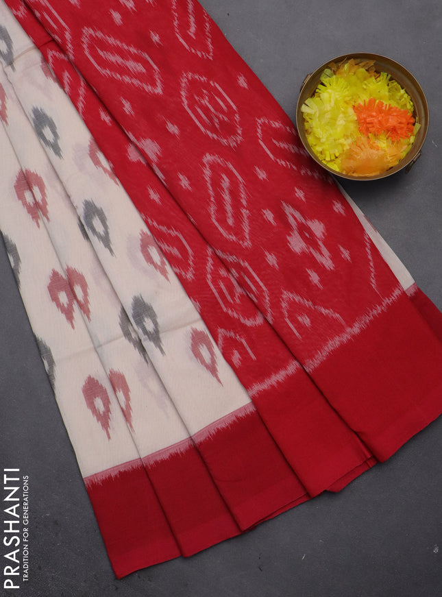 Ikat cotton saree cream and red with allover ikat butta weaves and long ikat style border