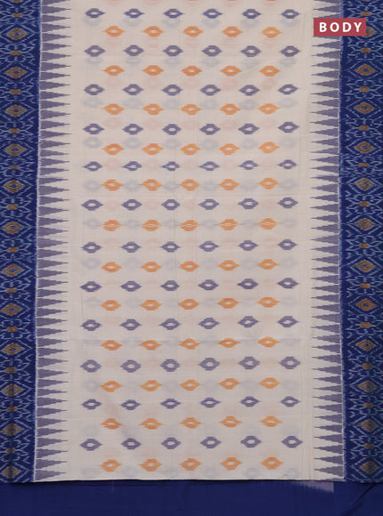 Ikat cotton saree cream and blue with allover ikat butta weaves and temple design ikat style border