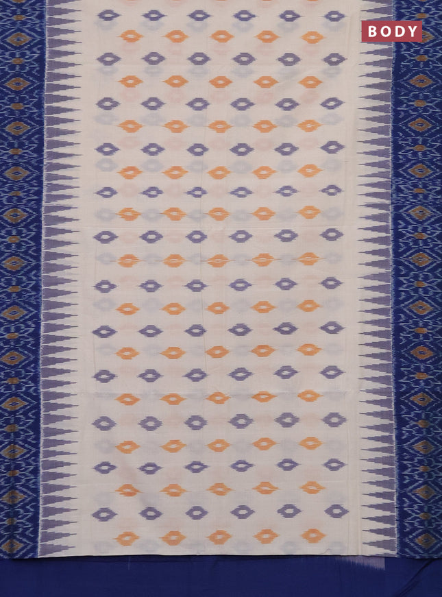 Ikat cotton saree cream and blue with allover ikat butta weaves and temple design ikat style border