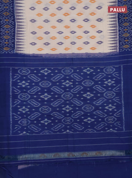 Ikat cotton saree cream and blue with allover ikat butta weaves and temple design ikat style border