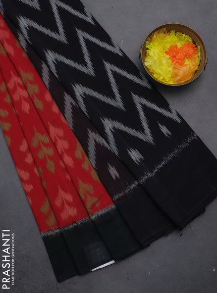Ikat cotton saree red and black with allover ikat butta weaves and simple border