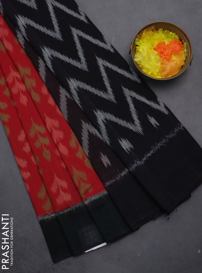 Ikat cotton saree red and black with allover ikat butta weaves and simple border