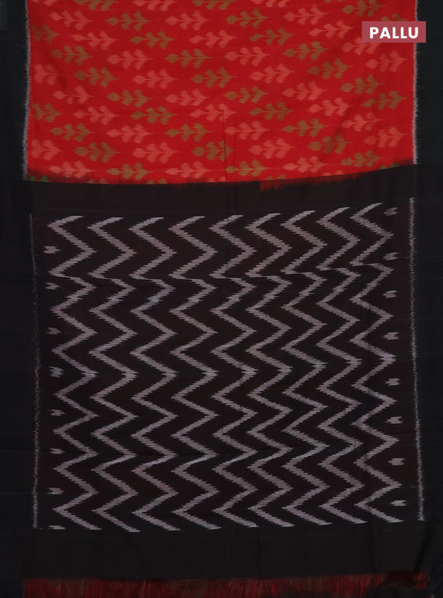 Ikat cotton saree red and black with allover ikat butta weaves and simple border
