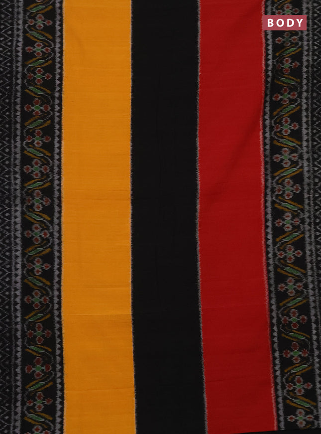 Ikat cotton saree yellow black and red with plain body and long ikat style border