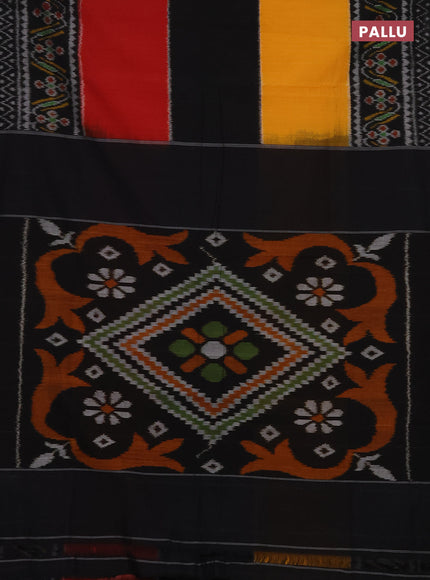 Ikat cotton saree yellow black and red with plain body and long ikat style border