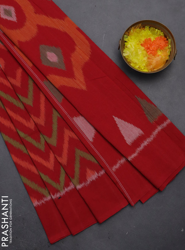 Ikat cotton saree maroon and cream with allover ikat butta weaves and simple border