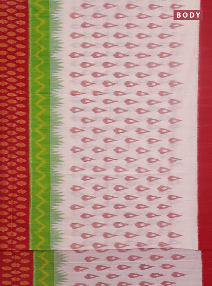Ikat cotton saree cream and green red with allover ikat butta weaves and long ikat style border
